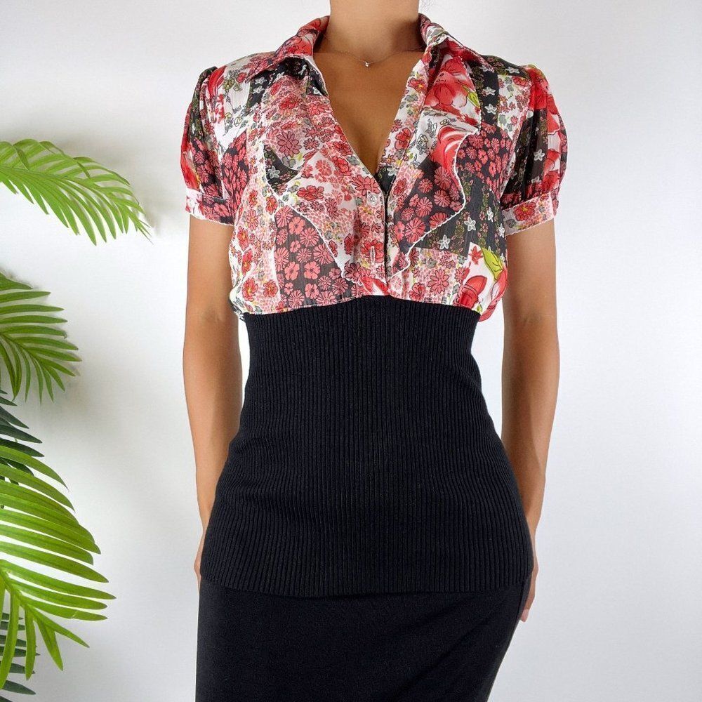 Women's Vintage Y2K Pink Fairycore Floral Patchwork Coquette Blouse / Size: S
